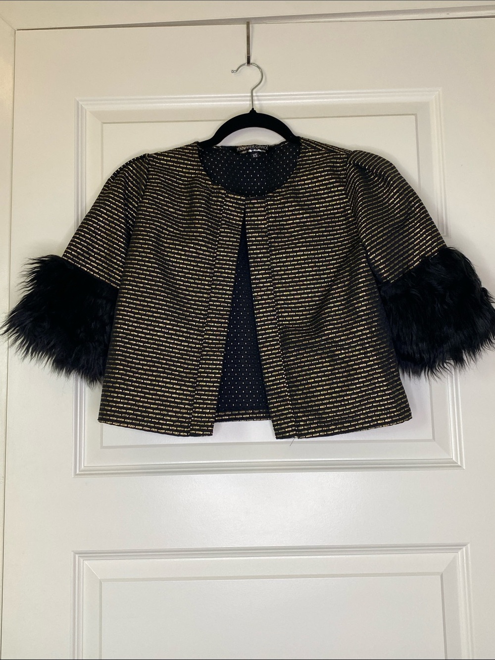 Gold & Black Cropped Jacket with Faux Fur Cuffs